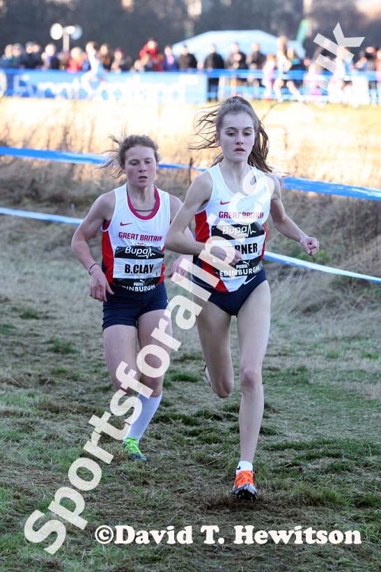 Lydia Turner leads Bobby Clay in the junior womens 4k BUPA Great Edinburgh Cross Country. Photo: David T. Hewitson/Sports for All Pics